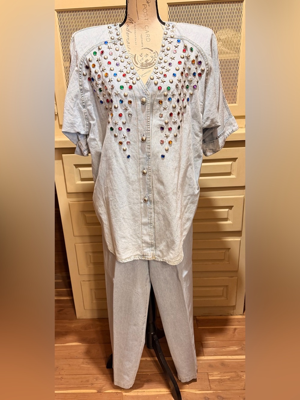VTG 80s Monique Fashions Denim Pant Set Studded Rhinestone Western